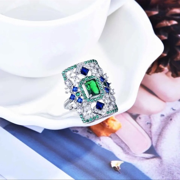 Art Deco Large Blue Green Silver Statement Ring - Picture 5 of 8